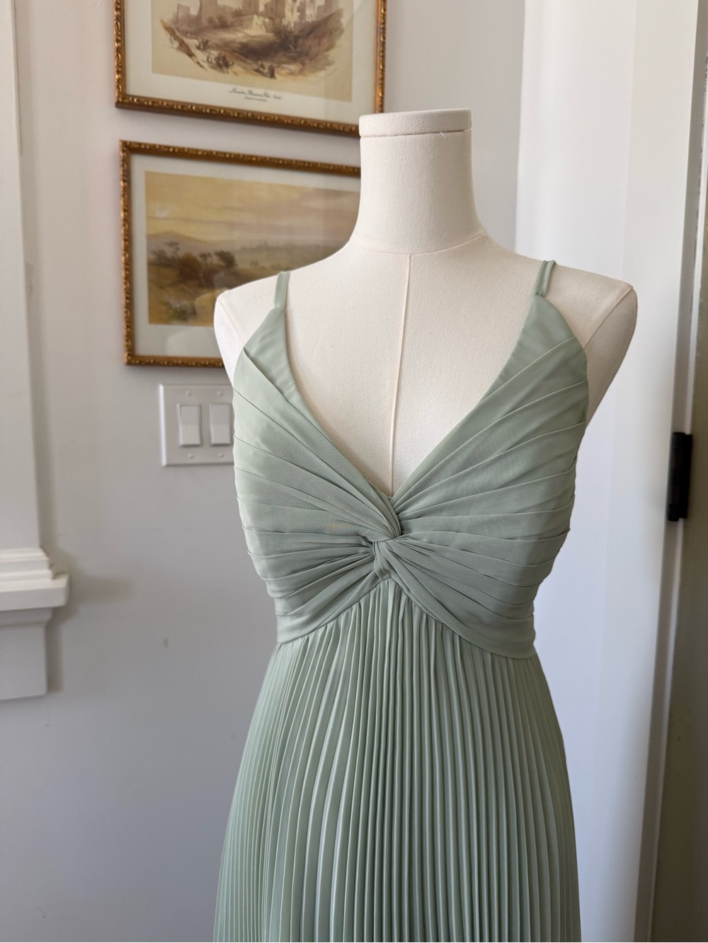 Sage Green Pleated Spaghetti-Strap Dress
